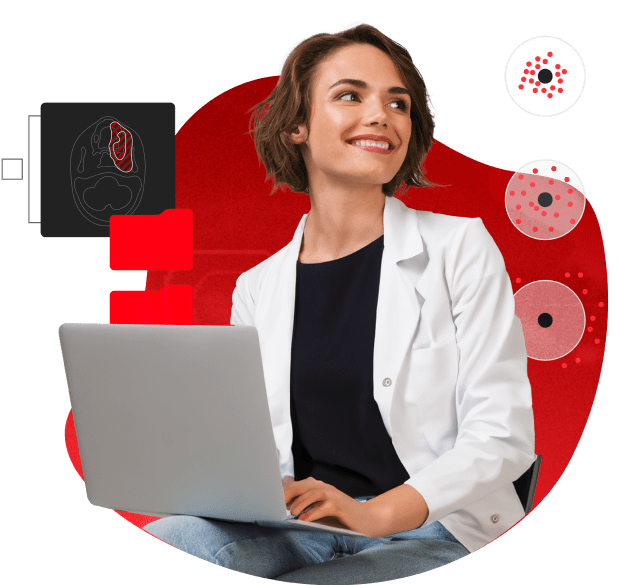 Female doctor sitting with a laptop on her lap, staring off to her left. Graphic surround her related to the medical software.