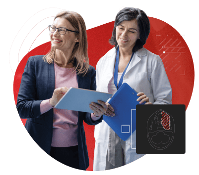 A female business woman and a female doctor, look at a digital tablet together.