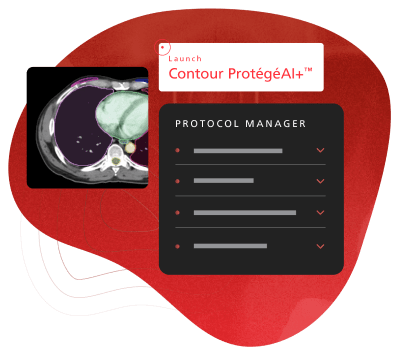 Collage-type image with a medical image, an interface image with gray bars and a white "launch" button