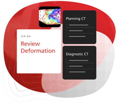 Collage-type image using a medical image, two dark interface cards and a white "review" card