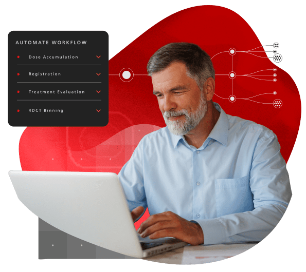 An older men sitting with a laptop in front of him, starring at the screen. Flat graphics surround him related to medical software. 