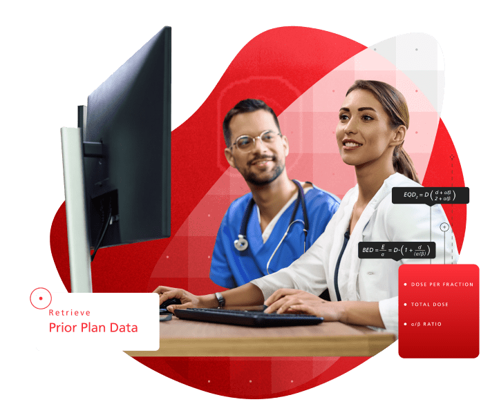 Male and female doctors sitting behind a desktop monitor with red and white flat graphics surrounding them.